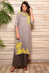 Shop grey thread embroidery cotton kurta with grey palazzo online in USA. Pick your favorite Indian designer suits and dresses from Pure Elegance clothing store in USA. Make your ethnic collection complete with a range of Indian sarees, Anarkali suits, designer lehengas also available on our online store.  -full view