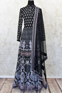 Black printed georgette Anarkali suit for online shopping in USA with dupatta. Get floored by a vibrant collection of Indian designer clothes at Pure Elegance Indian fashion store in USA. Choose from a beautiful range of Indian wedding dresses, designer lehengas and Anarkali suits for special occasions.-full view