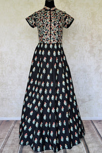 Buy black embroidered silk Anarkali gown online in USA. Radiate ethnic charm with beautiful Indian designer clothes from Pure Elegance Indian clothing store in USA. Choose from a variety of Anarkali suits, designer Indian suits, designer lehengas for special occasions.-full view