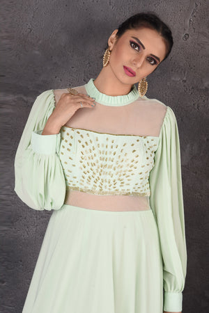 502905 Mint Green Designer Gown with Puff Sleeves