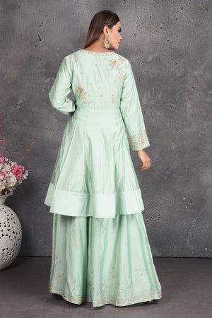 Shop beautiful mint green embroidered designer sharara suit online in USA. Set a fashion statement at parties in designer dresses, Anarkali suits, designer lehengas, gowns, Indowestern dresses from Pure Elegance Indian fashion store in USA.-back