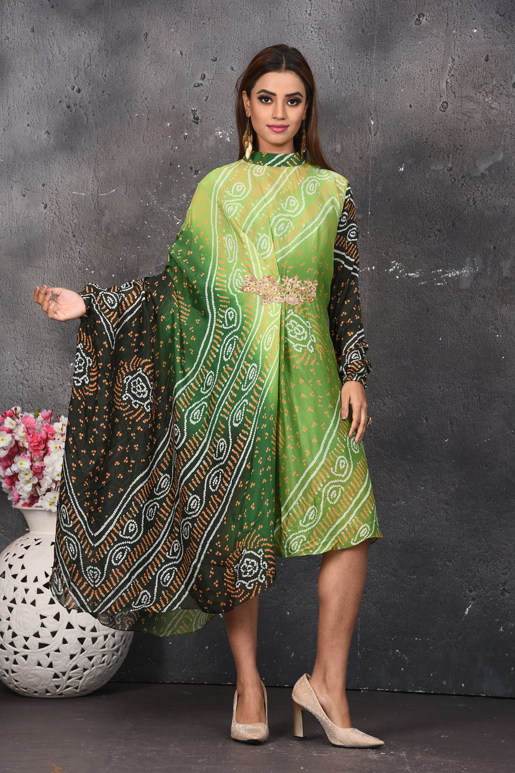 Shop stunning ombre green bandhani draped dress online in USA. Be party ready with exclusive designer wear outfits. Indian designer suits, Anarkali dresses, palazzo suits, sharara suits from Pure Elegance Indian fashion store in USA.-full view