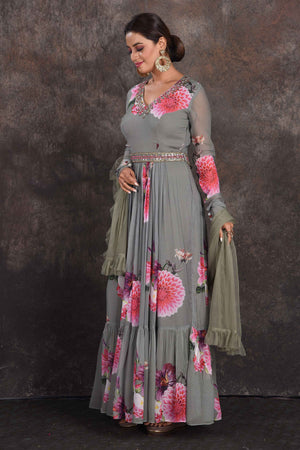 Shop beautiful grey floral floorlength Anarkali online in USA with dupatta. Be the star of the occasion in this stylish designer lehengas, designer gowns, Indowestern dresses, Anarkali suits, sharara suits from Pure Elegance Indian fashion store in USA.-side