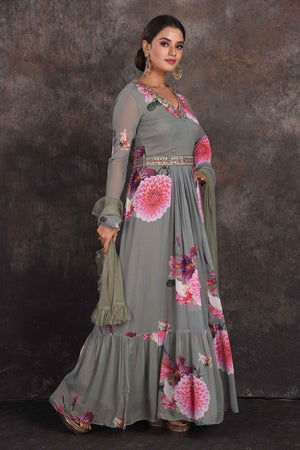 Shop beautiful grey floral floorlength Anarkali online in USA with dupatta. Be the star of the occasion in this stylish designer lehengas, designer gowns, Indowestern dresses, Anarkali suits, sharara suits from Pure Elegance Indian fashion store in USA.-right