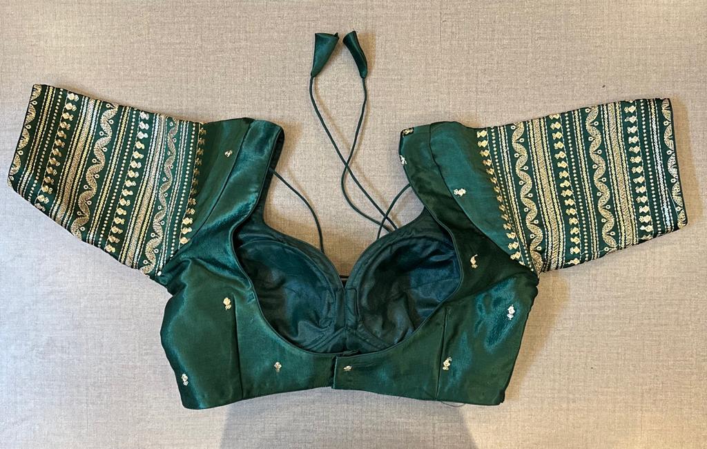 Buy beautiful dark green choli-cut saree blouse online in USA with embroidery. Elevate your saree style with exquisite readymade saree blouses, embroidered saree blouses, Banarasi saree blouse, designer saree blouse, choli-cut blouses, corset blouses from Pure Elegance Indian clothing store in USA.-back