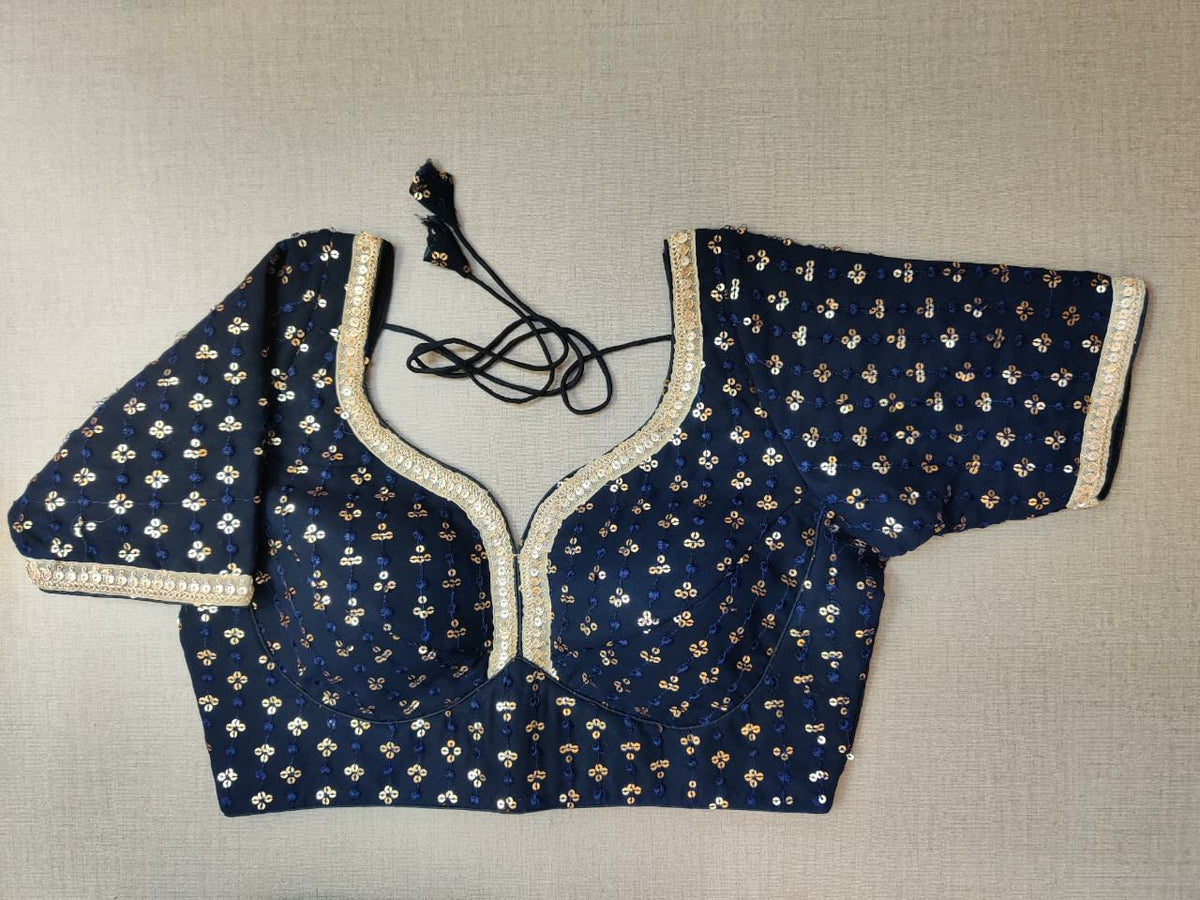 Buy Stunning Navy Blue Embroidered Designer Saree Blouse Online in