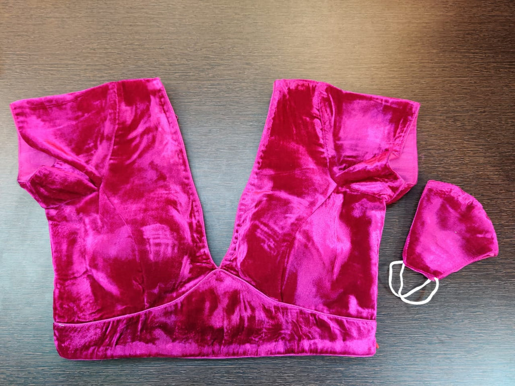 Buy stunning pink velvet designer saree blouse online in USA. Elevate your Indian saree style with exquisite readymade sari blouse, embroidered saree blouses, Banarasi sari blouse, designer sari blouse from Pure Elegance Indian clothing store in USA.-full view