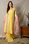 Shop stunning lemon yellow embroidered Uppada silk suit online in USA with pink dupatta. Shine at weddings and special occasions with beautiful Indian designer suits, gowns, lehengas from Pure Elegance Indian clothing store in USA.-full view