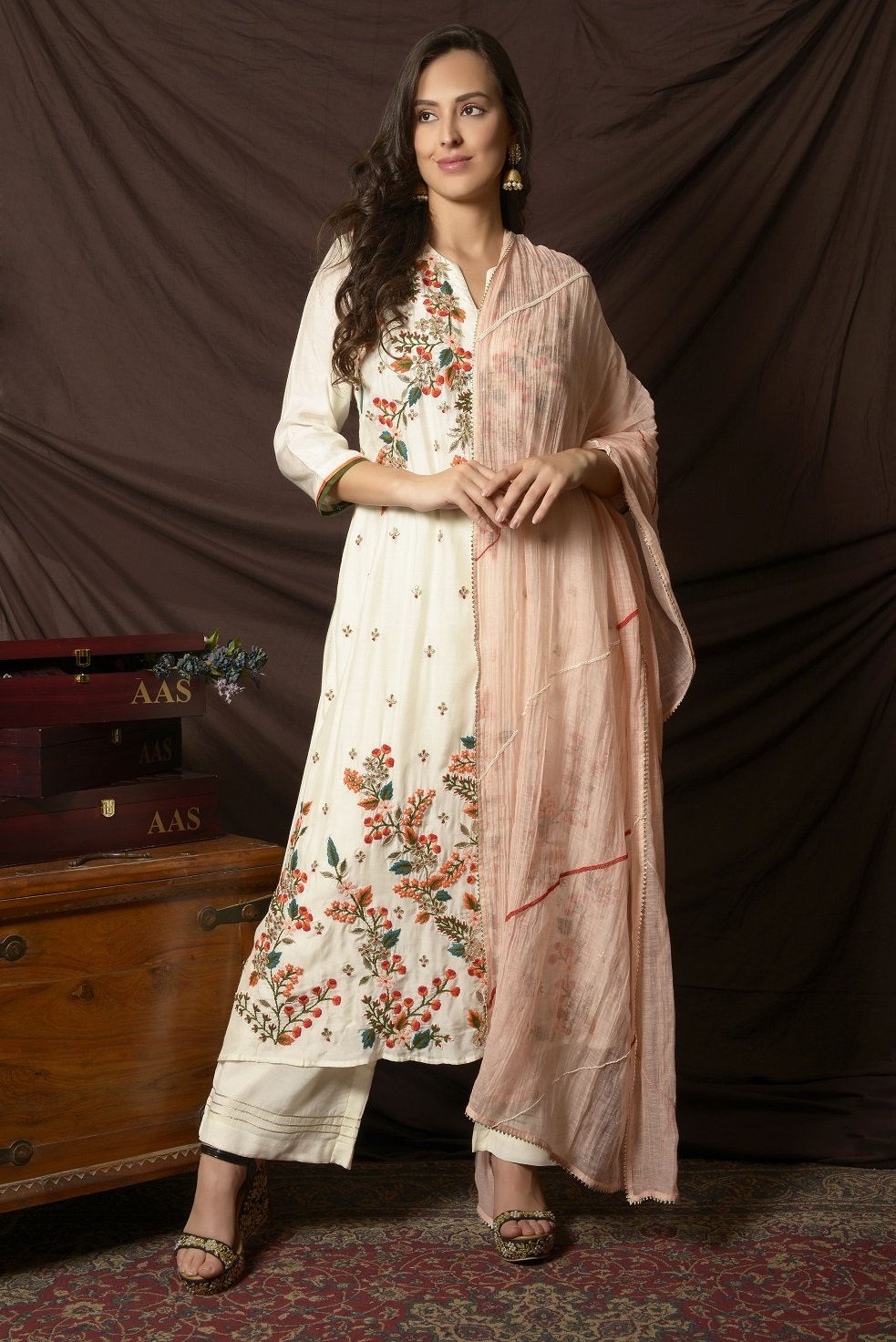 Shop gorgeous off-white gota and thread embroidery cotton silk suit online in USA with dupatta. Shine at weddings and special occasions with beautiful Indian designer suits, gowns, lehengas from Pure Elegance Indian clothing store in USA.-full view