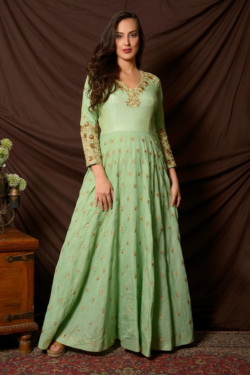 Buy gorgeous sea green embroidered tissue chanderi Anarkali suit online in USA with Banarasi dupatta. Shine at weddings and special occasions with beautiful Indian Anarkali suits, gowns, lehengas from Pure Elegance Indian clothing store in USA.-without dupatta