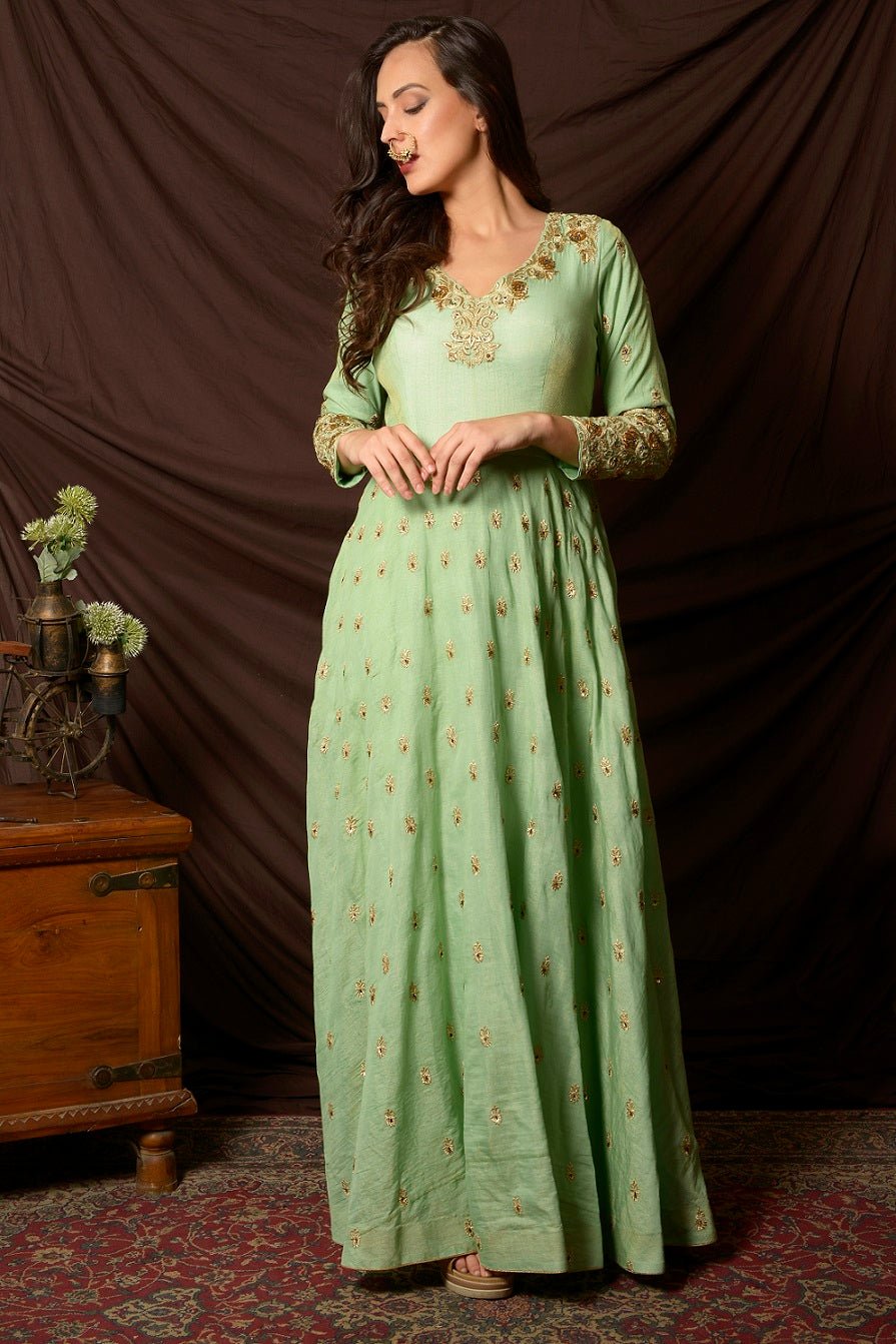 Buy gorgeous sea green embroidered tissue chanderi Anarkali suit online in USA with Banarasi dupatta. Shine at weddings and special occasions with beautiful Indian Anarkali suits, gowns, lehengas from Pure Elegance Indian clothing store in USA.-Anarkali