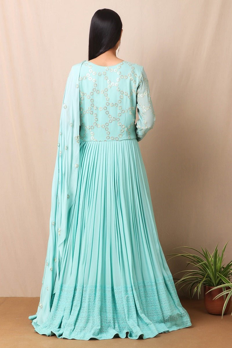 Shop gorgeous teal blue anarkali suit online in USA with thread embroidery and dupatta. Get festive ready in beautiful designer Anarkali suits, designer lehenga, wedding gowns, sharara suits, designer sarees from Pure Elegance Indian fashion store in USA.-Back view.