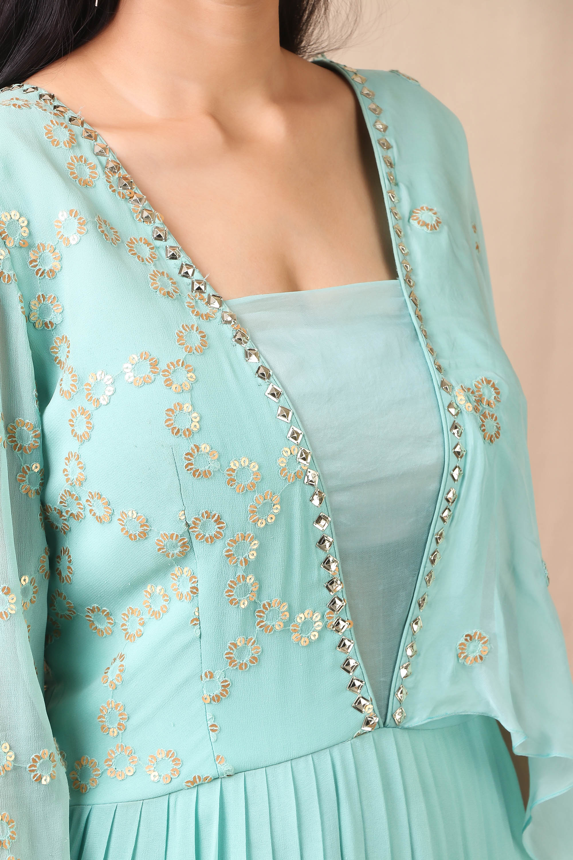 Shop gorgeous teal blue anarkali suit online in USA with thread embroidery and dupatta. Get festive ready in beautiful designer Anarkali suits, designer lehenga, wedding gowns, sharara suits, designer sarees from Pure Elegance Indian fashion store in USA.-Neck view.
