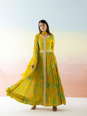 50Z575-RO Yellow Printed Georgette Anarkali with Dupatta