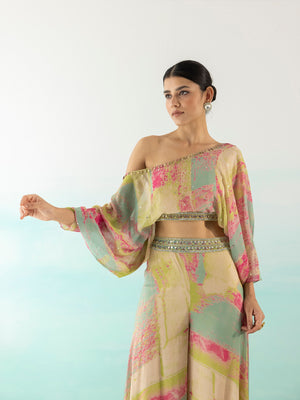 Shop beautiful multicolor mirror work palazzo online in USA with crop top. Make a fashion statement on festive occasions and weddings with designer suits, Indian dresses, Anarkali suits, palazzo suits, designer gowns, sharara suits from Pure Elegance Indian fashion store in USA.-closeup