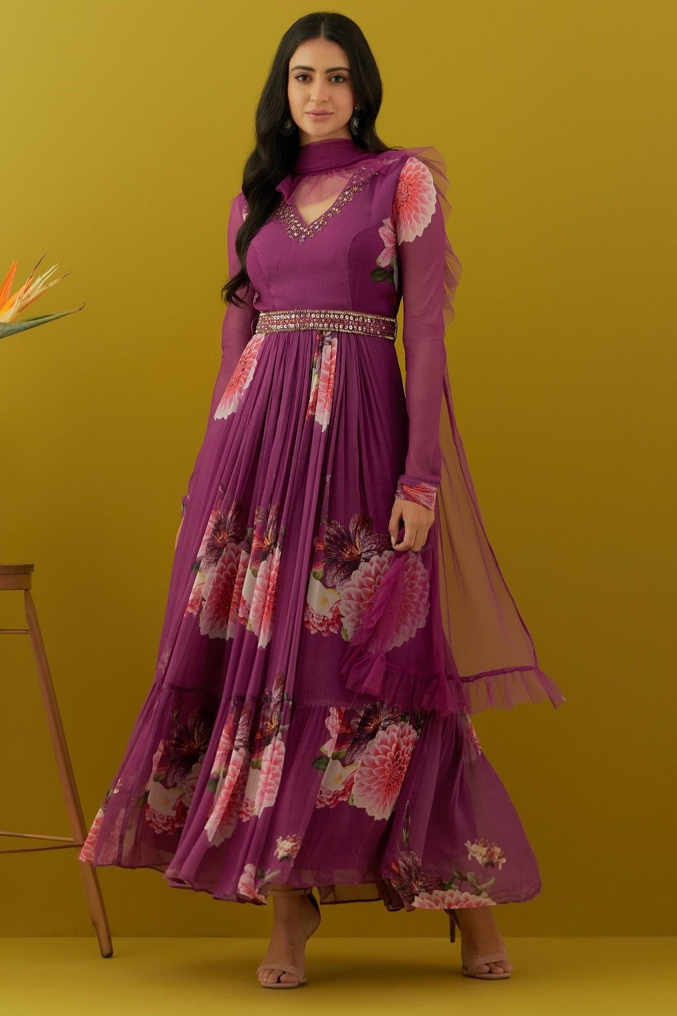 Buy beautiful purple floral georgette Anarkali suit online in USA with dupatta. Dazzle on weddings and special occasions with exquisite Indian designer dresses, sharara suits, Anarkali suits, bridal lehengas, sharara suits from Pure Elegance Indian clothing store in USA.-full view