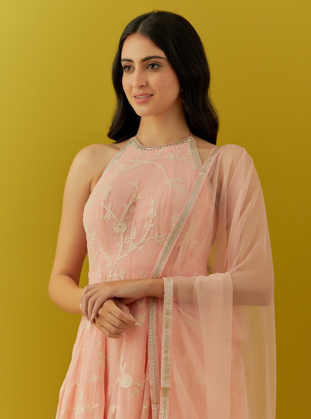 Buy beautiful light pink embroidered georgette dhoti suit online in USA with dupatta. Dazzle on weddings and special occasions with exquisite Indian designer dresses, sharara suits, Anarkali suits, bridal lehengas, sharara suits from Pure Elegance Indian clothing store in USA.-closeup