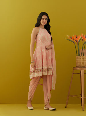 Buy beautiful light pink embroidered georgette dhoti suit online in USA with dupatta. Dazzle on weddings and special occasions with exquisite Indian designer dresses, sharara suits, Anarkali suits, bridal lehengas, sharara suits from Pure Elegance Indian clothing store in USA.-side