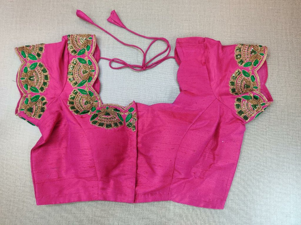 Buy stunning dark pink saree blouse online in USA with neck embroidery. Elevate your Indian ethnic saree looks with beautiful readymade saree blouse, embroidered sari blouses, Banarasi saree blouse, designer sari from Pure Elegance Indian fashion store in USA.-full view