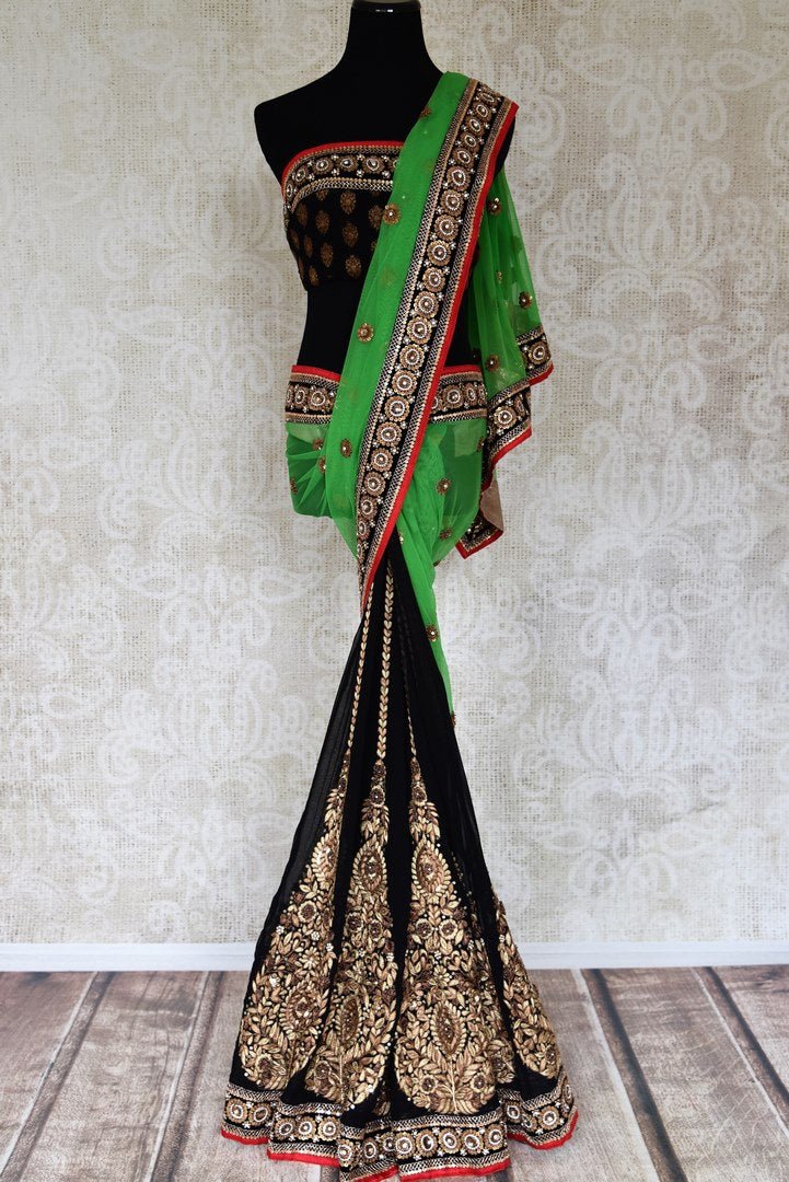 Shop green net and black georgette half n half embroidered saree online in USA from Pure Elegance. Let your ethnic style be one of a kind with an exquisite variety of Indian handloom sarees, pure silk sarees, designer sarees from our exclusive fashion store in USA.-full view