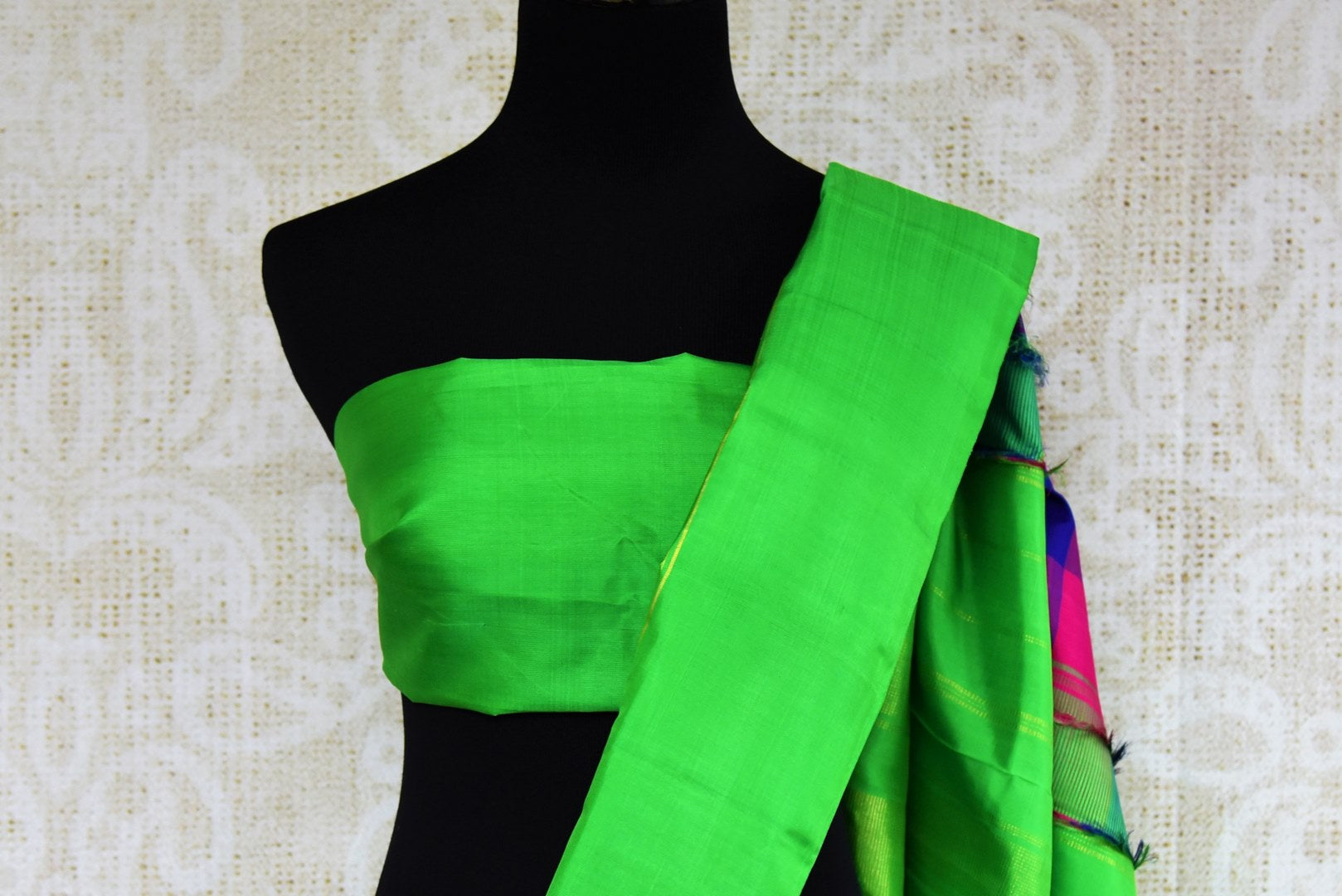 Buy pink and blue checker Kanchipuram silk saree online in USA. Explore a range of exquisite Indian Kanjivaram silk sarees in USA at Pure Elegance fashion store or shop online. -blouse pallu