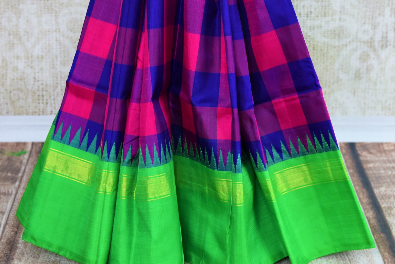 Buy pink and blue checker Kanchipuram silk saree online in USA. Explore a range of exquisite Indian Kanjivaram silk sarees in USA at Pure Elegance fashion store or shop online. -pleats