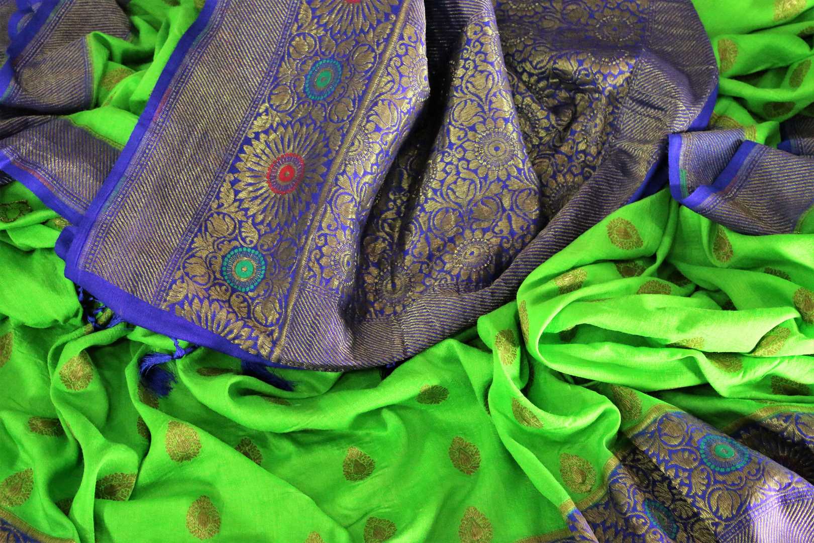 Striking neon green Muga Banarasi sari with zari buta buy online in USA. Explore a range of traditional Banarasi sarees in USA at Pure Elegance clothing store for women.-details