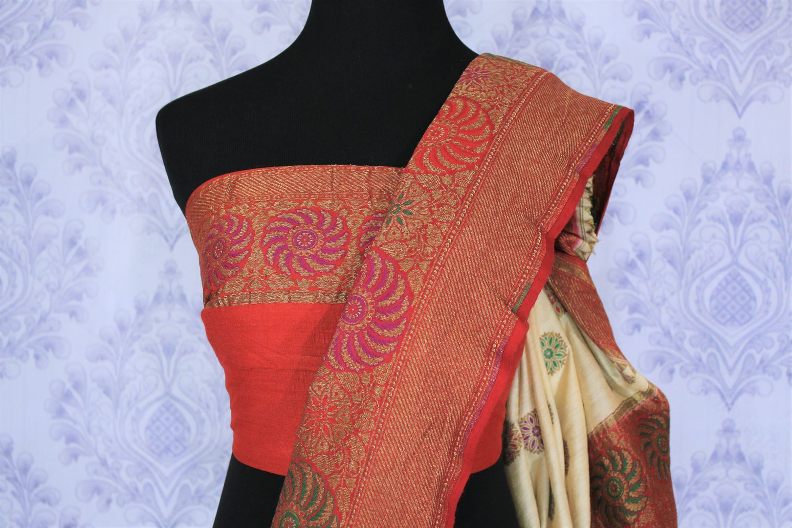 90F936-RO Cream Floral Embroidered Muga Banarsi Silk Designer Saree