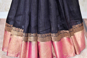 Buy classic black tussar Banarasi saree online in USA with pink zari border and buta. Make an elegant ethnic fashion statement at parties, weddings and special occasions with a splendid collection of Indian designer silk sarees, Banarasi sarees, handwoven sarees from Pure Elegance Indian clothing store in USA or shop online.-pleats