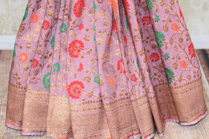 Buy purple color muga Banarasi sari online in USA with zari and minakari work from Pure Elegance online store. Visit our exclusive Indian clothing store in USA and get floored by a range of exquisite pure handloom sarees, Banarasi sarees, silk sarees, Indian jewelry and much more to complete your ethnic look.-pleats
