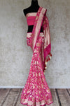 Shop pink georgette Banarasi sari online in USA with overall floral zari design. Elevate your traditional saree style with beautiful Indian Banarasi saris from Pure Elegance Indian fashion store in USA. We also have a stunning variety of bridal sarees for Indian brides in USA. Shop now.-full view