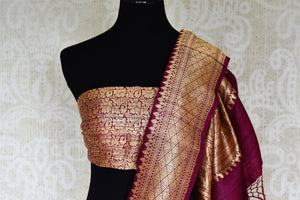 Buy wine color khaddi Banarasi saree online in USA with zari minakari floral buta. Feel traditional on special occasions in beautiful Indian designer saris from Pure Elegance Indian fashion store in USA. Choose from a splendid variety of Banarasi sarees, pure handwoven saris. Buy online.-blouse pallu