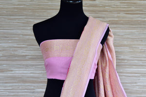 Shop pink floral georgette Banarasi saree online in USA with zari border. Radiate traditional charm with beautiful Banarasi sarees from Pure Elegance Indian clothing store in USA. Choose from a variety of Banarasi silk sarees, Banarasi georgette sarees, Banarasi tussar saris for special occasions.-blouse pallu