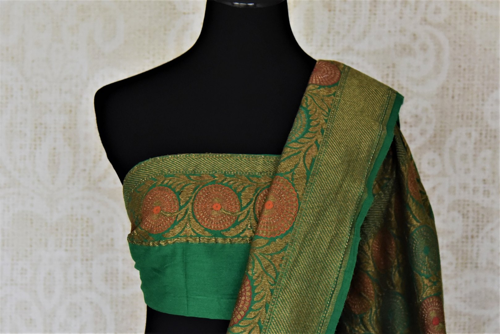 Buy pastel green muga Banarasi sari online in USA with dark green antique zari floral border. Keep your ethnic style updated with latest designer sarees, handloom sarees, pure silk sarees from Pure Elegance Indian fashion store in USA.-blouse pallu