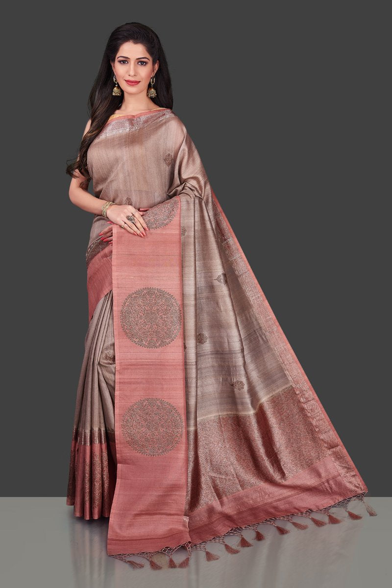 Shop attractive brown tassar Benarasi sari online in USA with zari buta on border. Shop beautiful Banarasi georgette sarees, tussar saris, pure muga silk saris in USA from Pure Elegance Indian fashion boutique in USA. Get spoiled for choices with a splendid variety of Indian sarees to choose from! Shop now.-full view