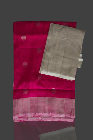 Buy bright pink Uppada silk saree online in USA with silver zari buta and border. Keep it elegant with handwoven silk sarees, Uppada silk sarees, soft silk sarees from Pure Elegance Indian fashion boutique in USA. We bring a especially curated collection of ethnic sarees for Indian women in USA under one roof!-blouse