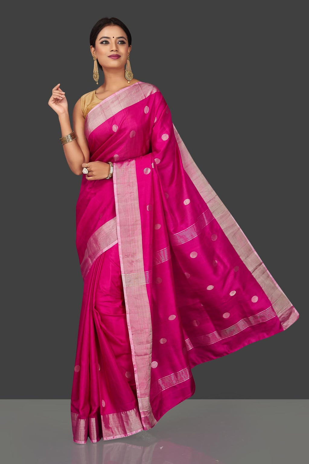 Buy bright pink Uppada silk saree online in USA with silver zari buta and border. Keep it elegant with handwoven silk sarees, Uppada silk sarees, soft silk sarees from Pure Elegance Indian fashion boutique in USA. We bring a especially curated collection of ethnic sarees for Indian women in USA under one roof!-full view