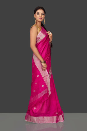 Buy bright pink Uppada silk saree online in USA with silver zari buta and border. Keep it elegant with handwoven silk sarees, Uppada silk sarees, soft silk sarees from Pure Elegance Indian fashion boutique in USA. We bring a especially curated collection of ethnic sarees for Indian women in USA under one roof!-right side
