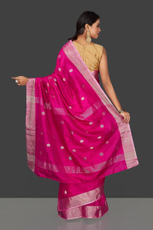Buy bright pink Uppada silk saree online in USA with silver zari buta and border. Keep it elegant with handwoven silk sarees, Uppada silk sarees, soft silk sarees from Pure Elegance Indian fashion boutique in USA. We bring a especially curated collection of ethnic sarees for Indian women in USA under one roof!-back