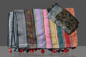 Shop beautiful multicolor striped linen sari online in USA. Look glamorous at parties and weddings in stunning designer sarees, embroidered sarees, fancy sarees, Bollywood sarees, linen sarees from Pure Elegance Indian saree store in USA.-blouse