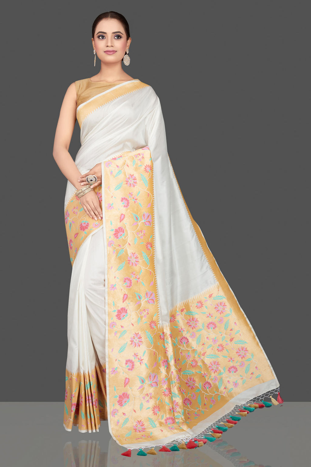 Buy beautiful white silk Katan saree online in USA with heavy zari floral minakari border. Look gorgeous on special occasions with exquisite Indian sarees, handwoven sarees, Banarasi sarees, pure silk sarees from Pure Elegance Indian saree store in USA.-full view