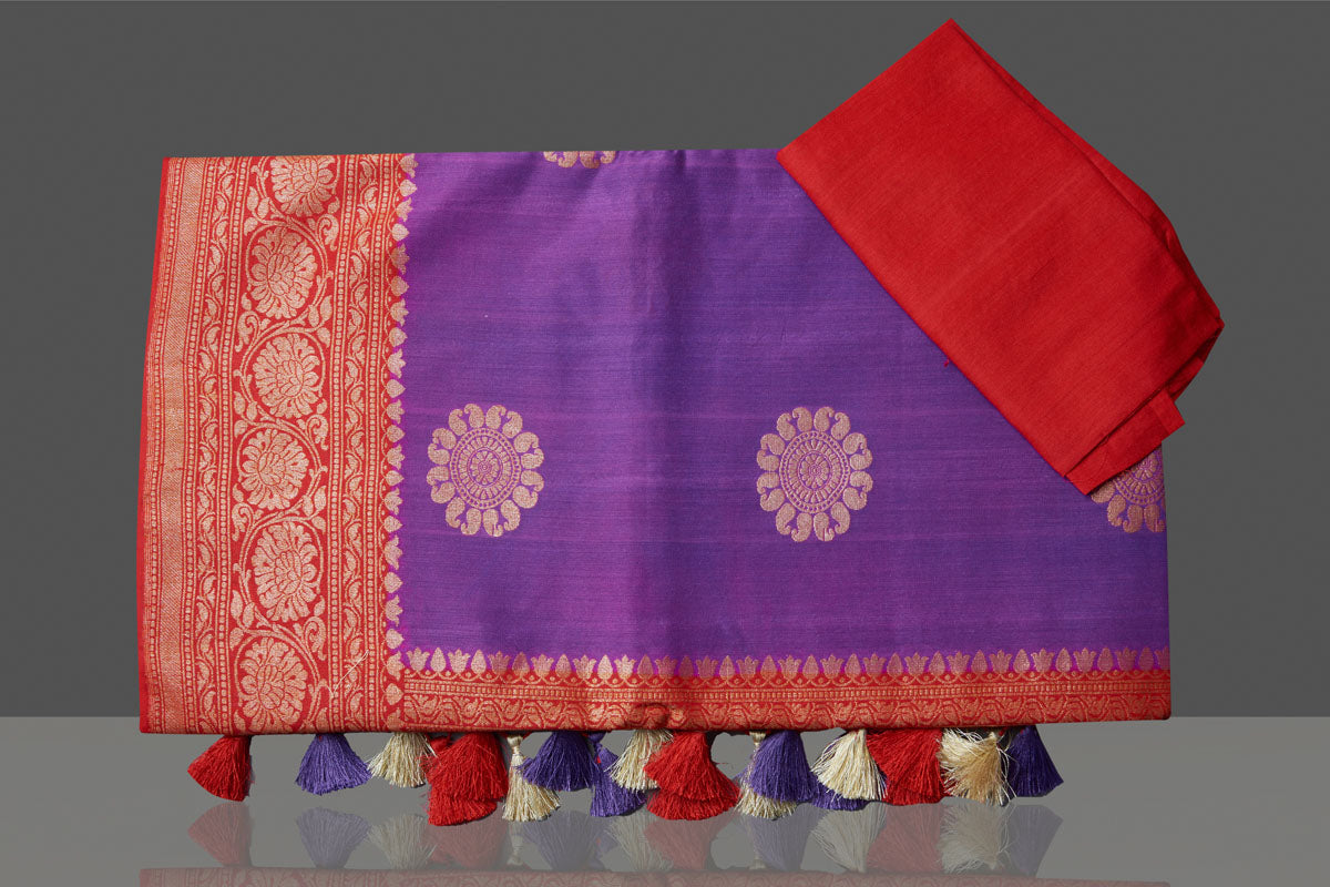 Shop gorgeous purple silk Katan sari online in USA with red zari pallu. Look gorgeous on special occasions with exquisite Indian sarees, handwoven sarees, Banarasi sarees, pure silk sarees from Pure Elegance Indian saree store in USA.-blouse