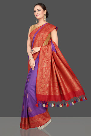 Shop gorgeous purple silk Katan sari online in USA with red zari pallu. Look gorgeous on special occasions with exquisite Indian sarees, handwoven sarees, Banarasi sarees, pure silk sarees from Pure Elegance Indian saree store in USA.-pallu