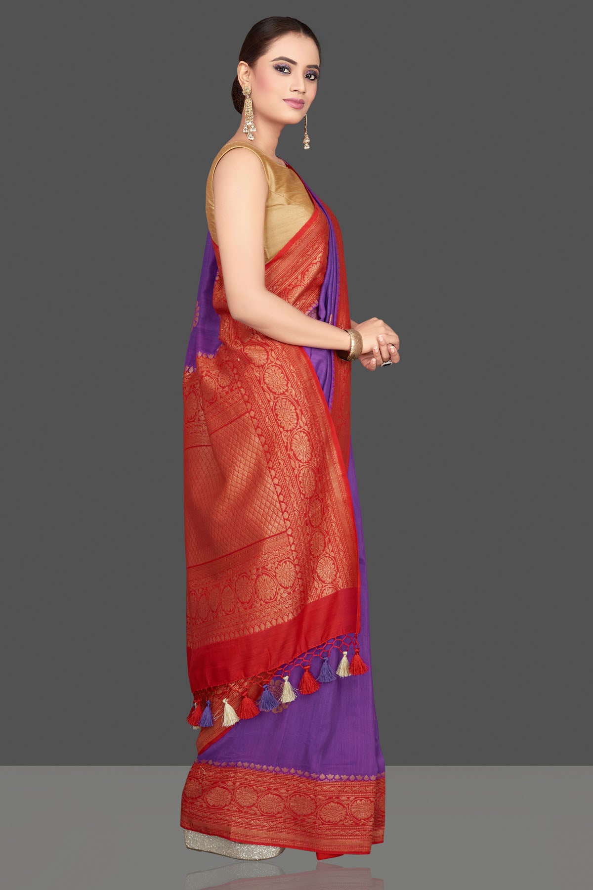 Shop gorgeous purple silk Katan sari online in USA with red zari pallu. Look gorgeous on special occasions with exquisite Indian sarees, handwoven sarees, Banarasi sarees, pure silk sarees from Pure Elegance Indian saree store in USA.-side