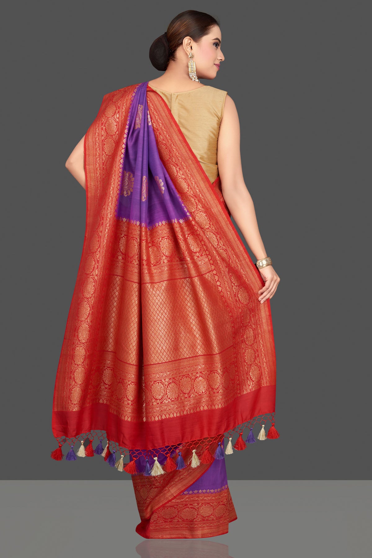 Shop gorgeous purple silk Katan sari online in USA with red zari pallu. Look gorgeous on special occasions with exquisite Indian sarees, handwoven sarees, Banarasi sarees, pure silk sarees from Pure Elegance Indian saree store in USA.-back