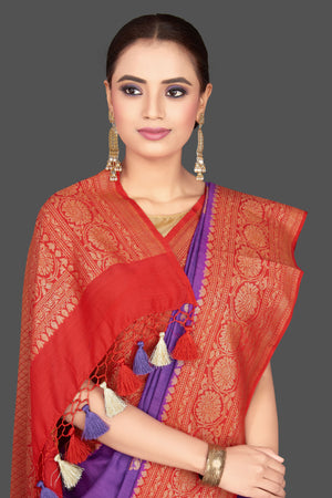 Shop gorgeous purple silk Katan sari online in USA with red zari pallu. Look gorgeous on special occasions with exquisite Indian sarees, handwoven sarees, Banarasi sarees, pure silk sarees from Pure Elegance Indian saree store in USA.-closeup