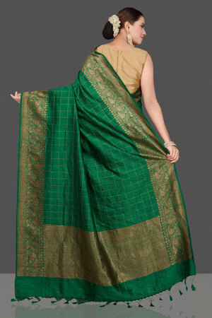 Shop stunning green check tussar Banarasi saree online in USA with antique zari border. Go for stunning Indian designer sarees, georgette sarees, handwoven saris, embroidered sarees for festive occasions and weddings from Pure Elegance Indian clothing store in USA.-back