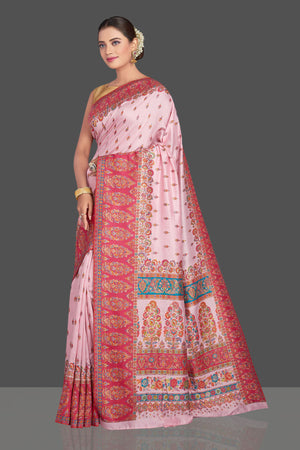 Shop stunning light pink Kani embroidery tussar silk saree online in USA. Make your presence felt on special occasions in beautiful embroidered sarees, handwoven sarees, pure silk saris, tussar sarees from Pure Elegance Indian saree store in USA.-pallu