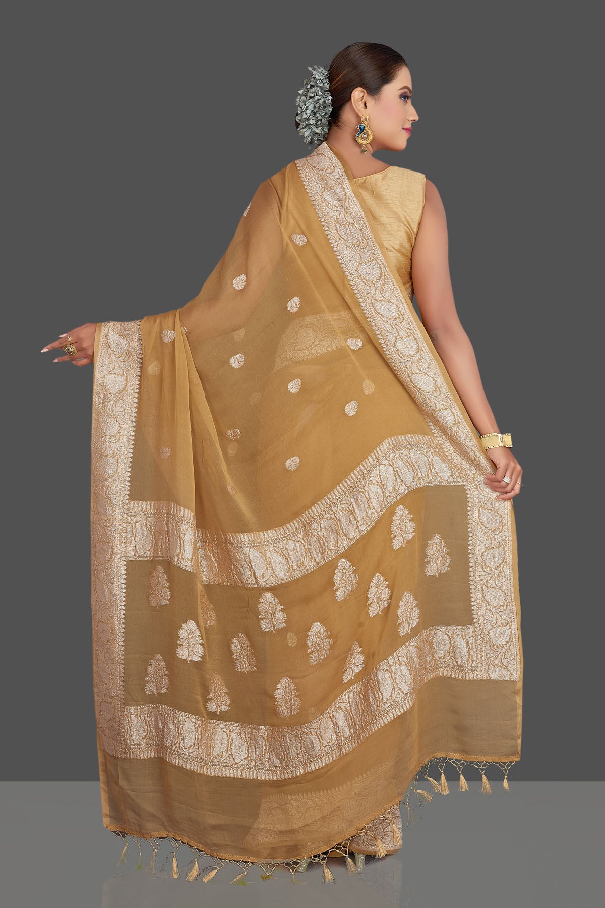 Buy beautiful beige chiffon georgette Banarasi saree online in USA with silver zari border. Look your best on special occasions with stunning Banarasi sarees, pure silk saris, tussar saris, handwoven sarees from Pure Elegance Indian saree store in USA.-back