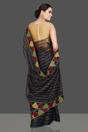 Buy gorgeous grey and black organza silk saree online in USA with designer border. Look attractive on weddings and parties in beautiful designer sarees, pure silk sarees, handwoven sarees, embroidered sarees, zari work sarees from Pure Elegance Indian saree store in USA.-back